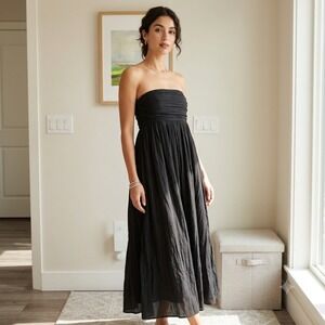 ME+EM Strapless Midi Dress Size 4 Black Ruched Smocked Cotton Gauze Lined